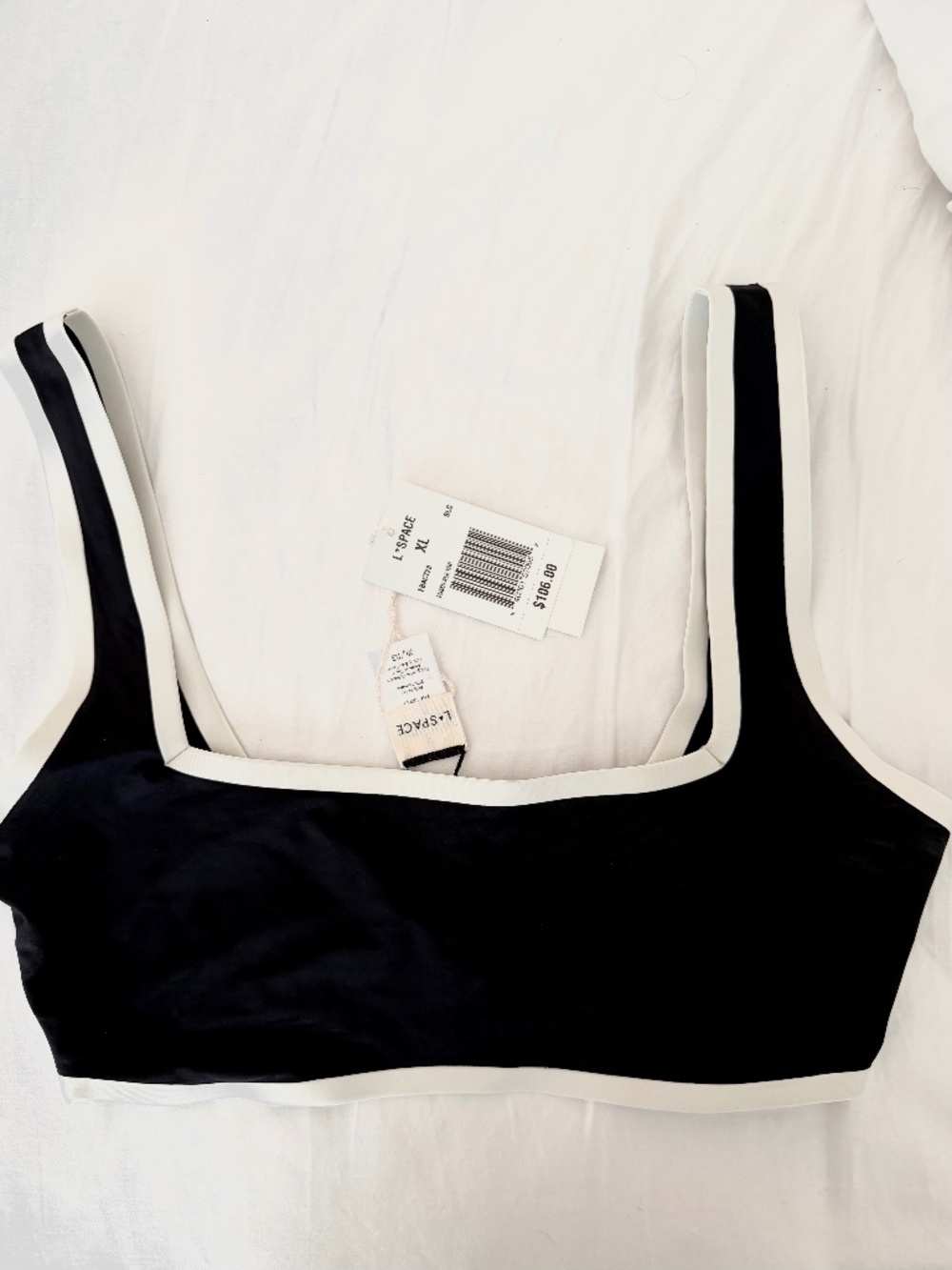 L*SPACE Black Cream Trim Bikini Top XL NWT Sporty Square Neck